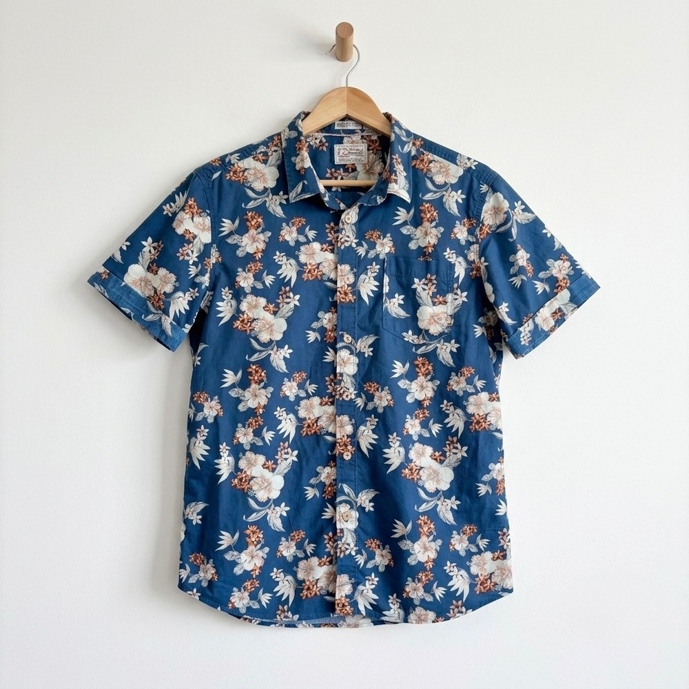 7 Diamonds Vintage‎ Men L Blue Tropical Hibiscus Hawaiian Short Sleeve Shirt
